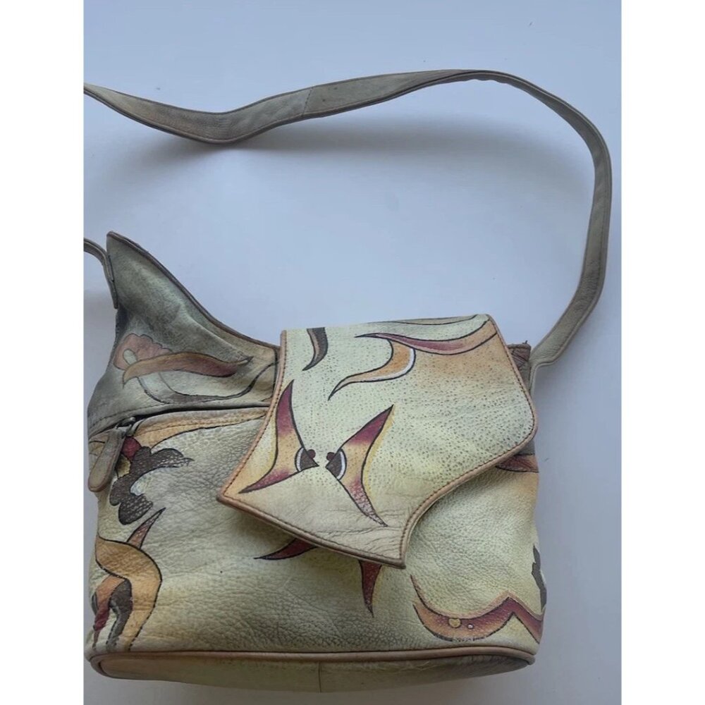 Vintage Magnifique Painted Peacock Art Leather Butterfly Floral Shoulder Bag